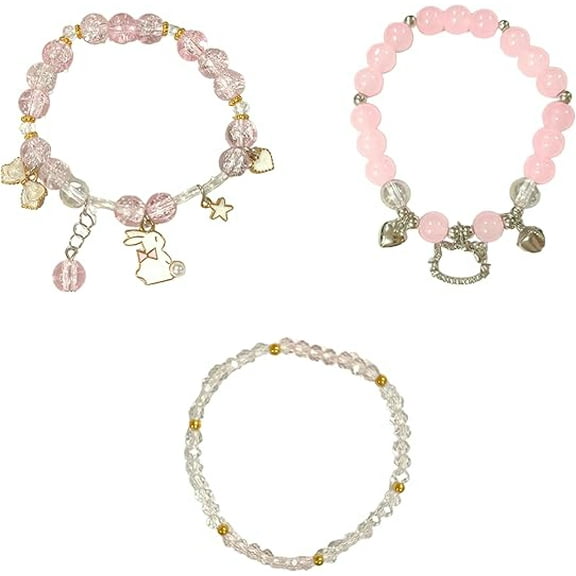 3-Piece Cute Crystal Bead Bracelet Set, Elastic Animal Charm Friendship Bracelets for Women Girls, Kawaii Cat Rabbit Beaded Jewelry Gift for Best Friend Sister