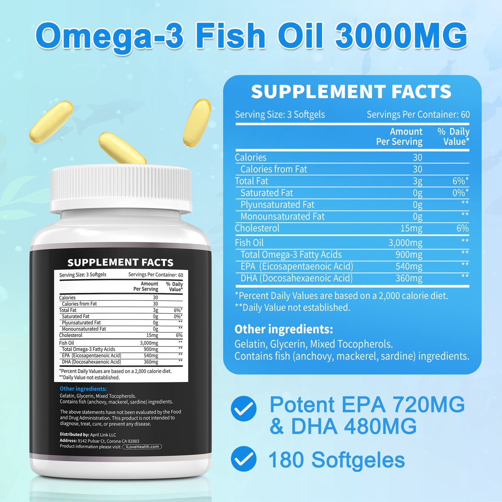 3 Pack Omega 3 Fish Oil Supplements 3000mg,Extra Strength Burp Less Fish Oil,540 Softgels