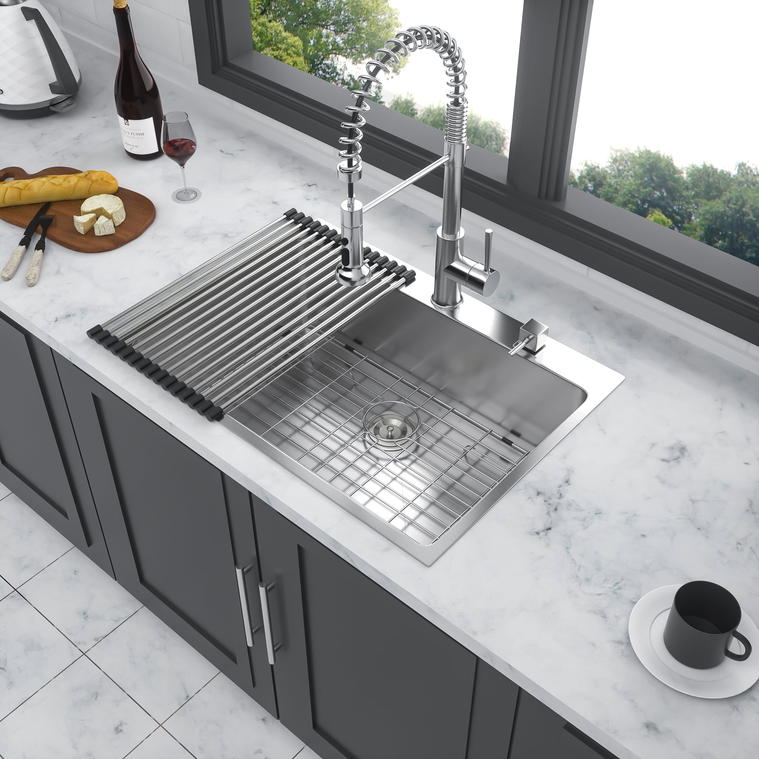 DUOSONG 30X22 Inch Kitchen Sink Drop In 16 Gauge Stainless Steel 30" Single Bowl Topmount Kitchen Sink Basin Brushed Nickel Stainless Steel Kitchen Kitchen Sinks