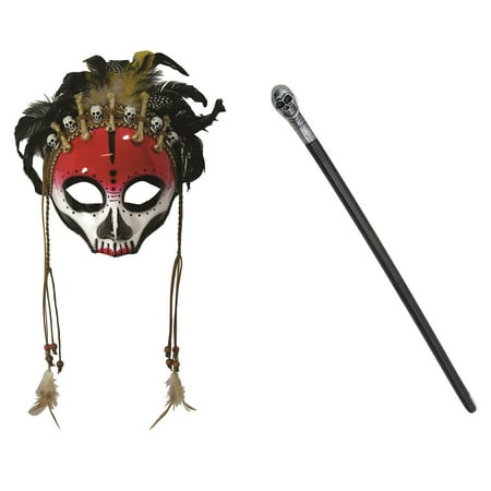 - Black Magic Voodoo Face Mask Silver Skull Staff Cane Sorcerer Costume Accessory