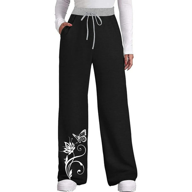 Pantalones de yoga estampados con cordón de pierna ancha y cintura elástica alta informal para mujer Pompotops ulkah938617