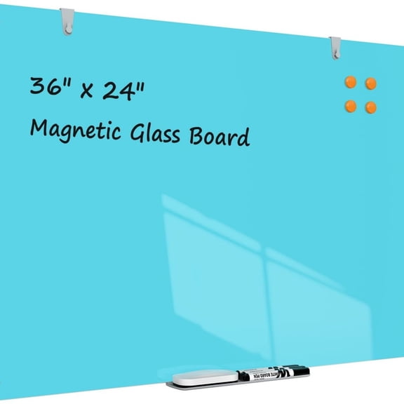 White Board Dry Erase Board 36x24 Inches Magnetic Glass Whiteboard, Large White Board for Wall Office School Classroom Home, 3x2 Feet Blue Glass Whiteboard Wall Mounted