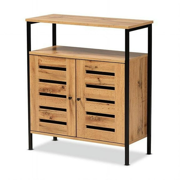 Baxton Studio Vander Modern and Contemporary Oak Brown Finished Wood and Black Metal 2-Door Shoe Cabinet