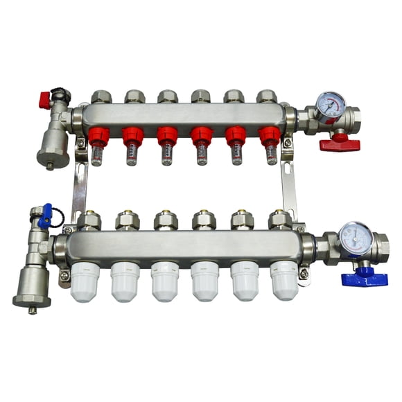 6-Branch PEX Radiant Floor Heating Manifold Set Heating Water Distributor with 1/2" Pipe Adapter for Home School Hotel Heating