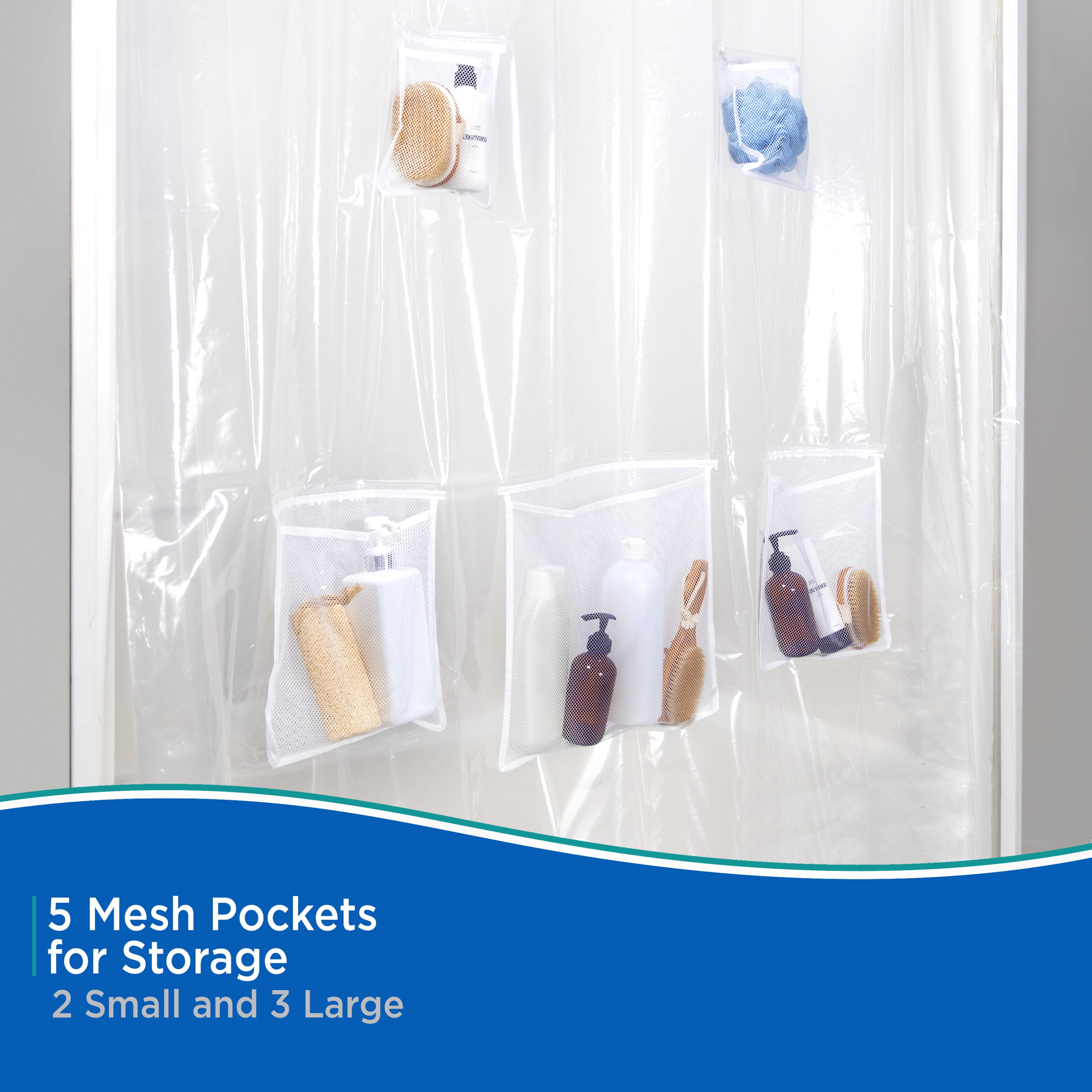 Kenney Medium Weight PEVA Shower Curtain Liner with Pockets, 70" W x 72" H, White