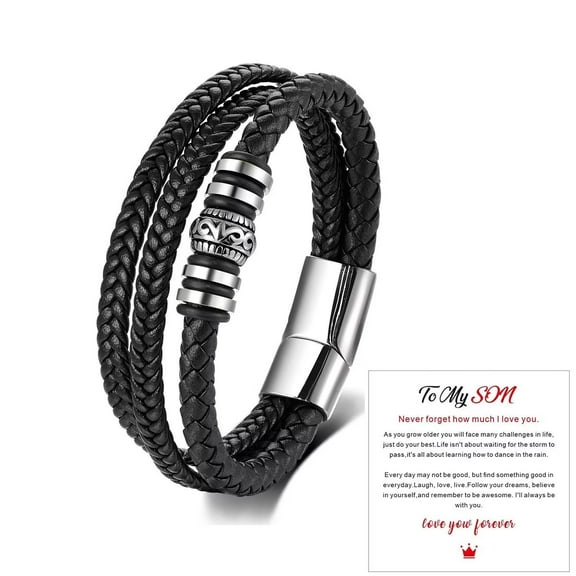 To My Son Braided Leather Bracelet 'I Will Always Be with You' Mens Double Rows Personalized Magnetic Closure Bracelets Handmade Cowhide Woven Bracelet