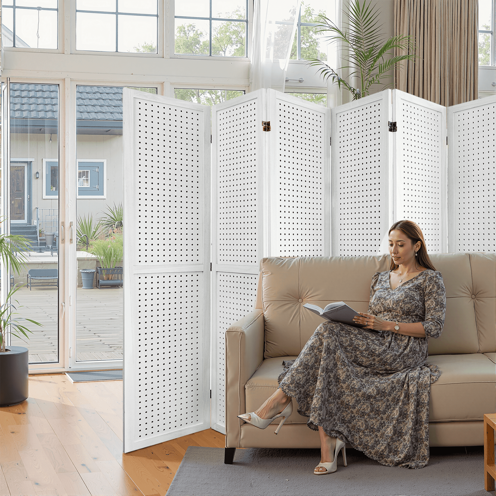 MAYEERTY 6 Panel Freestanding Room Divider, 5.6Ft Wooden Privacy Screen with Shelves, Elegant White