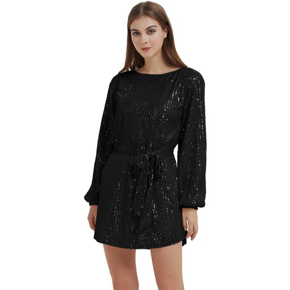 Women's Sparkly Sequins Party Dress Long Sleeve Crew Neck Elegant Loose Fashion Dresses, Black, Large