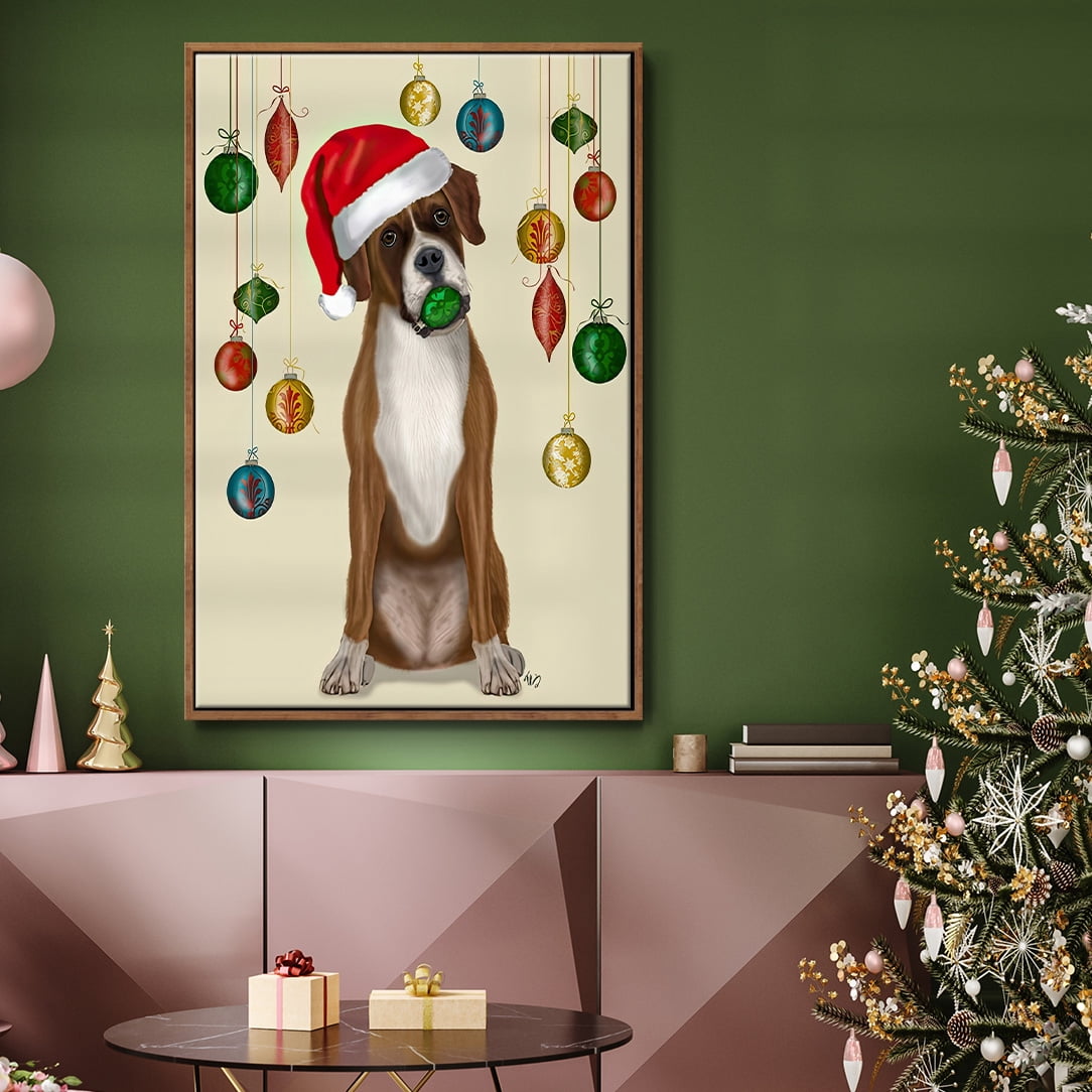 Christmas Boxer and Bauble Ball - Framed Gallery Wrapped Holiday Canvas - 17 x 25 - Rosewood Frame