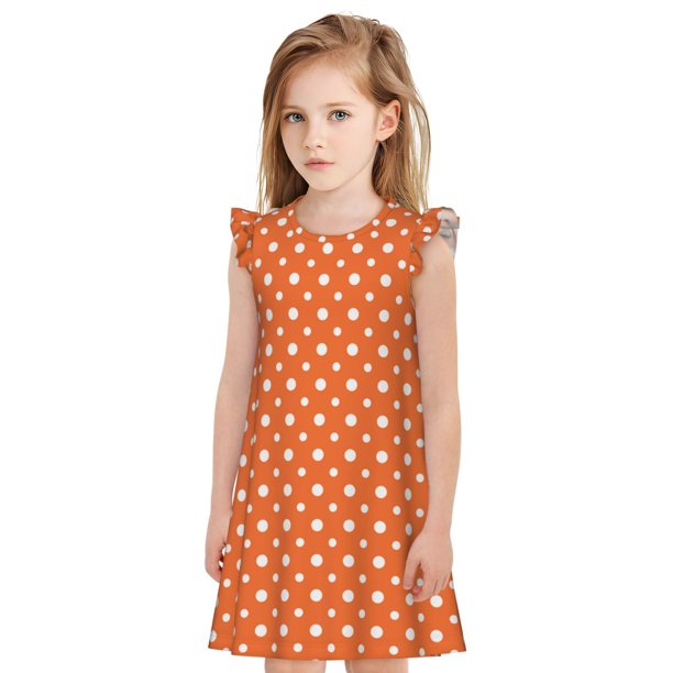 Fotbe Orange And White Polka Dot Vestido de Dormir para Niñas de 3 a 10 Años, Mangas Cortas, Estilo Princesa, Pijama Camisón con Mangas Voladas-Medium