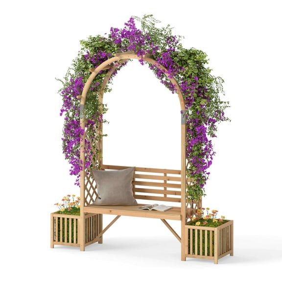 Costway Garden Bench Arbor Arch with Love Seat 2 Trellises & Planting Box to Grow Grapes