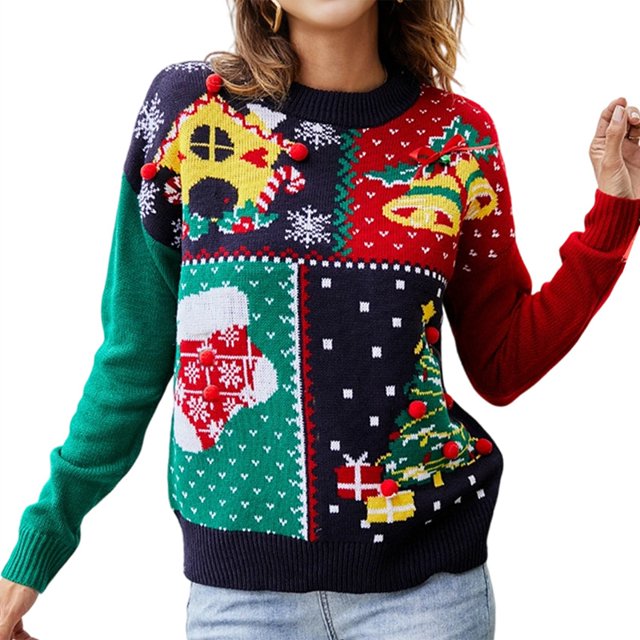 Chandail de Noël Laid pour Femmes à Imprimé, Col Rond, Chandail, Bleu Marine, m
