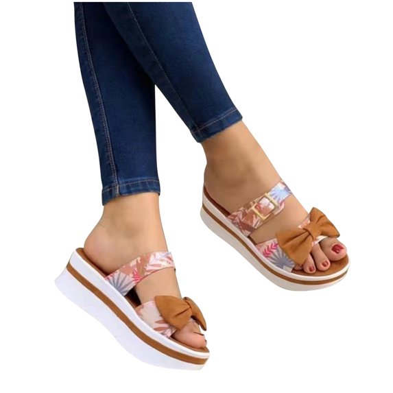 asdoklhq Slippers for Women Summer,Summer Ladies Flowers Slippers Sandals Casual Women's Shoes Bow Buckle Slippers