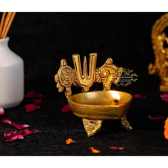 Shankh Chakra Namah Design Brass Diya Over Carved Legs, Deepam Oil for Pooja, Shankha Gada Padma, Padmanabha Swami, Standard