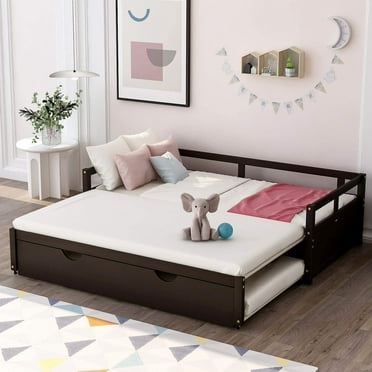 Wood Daybed with Pull Out Trundle Extending Daybed with Twin Trundle, Trundle Daybed Twin Size for Kids/Teens,No Box Spring Required