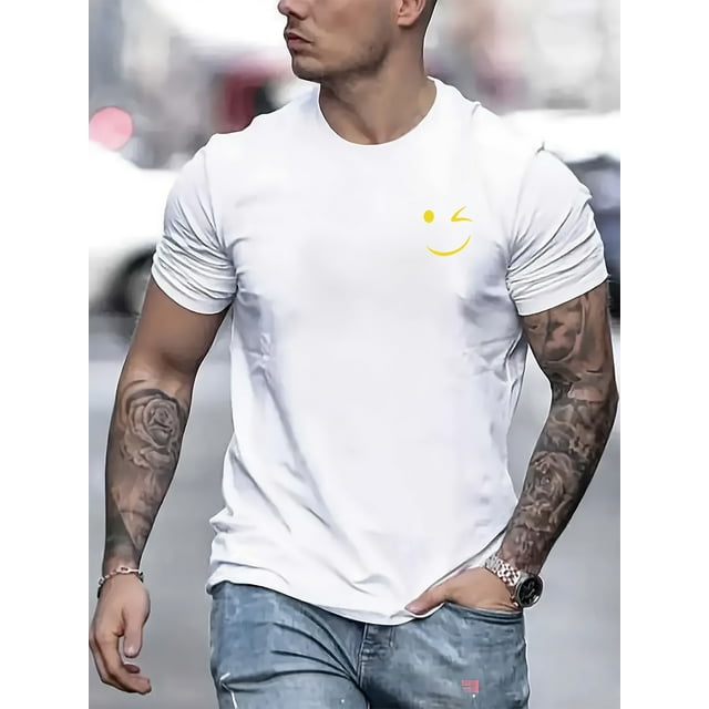 Minimalist Smile Wink Print Short Sleeved T-shirt, Casual Comfy Versatile Tee Top, Men's Everyday Spring/Summer Clothing