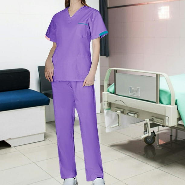 Conjunto de uniforme exfoliante, trajes de trabajo de enfermería,  pantalones de enfermera con bolsillos, ropa de trabajo, ropa de trabajo  para púrpura - Main Image