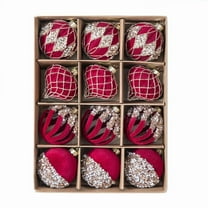 Family Christmas Ornaments - 12Pc 6cm Hand-Painteds Flocked Hollow-Out Christmas Ball Set with Rhinestones Assorted Shapes Tree Decor Christmas Decorations