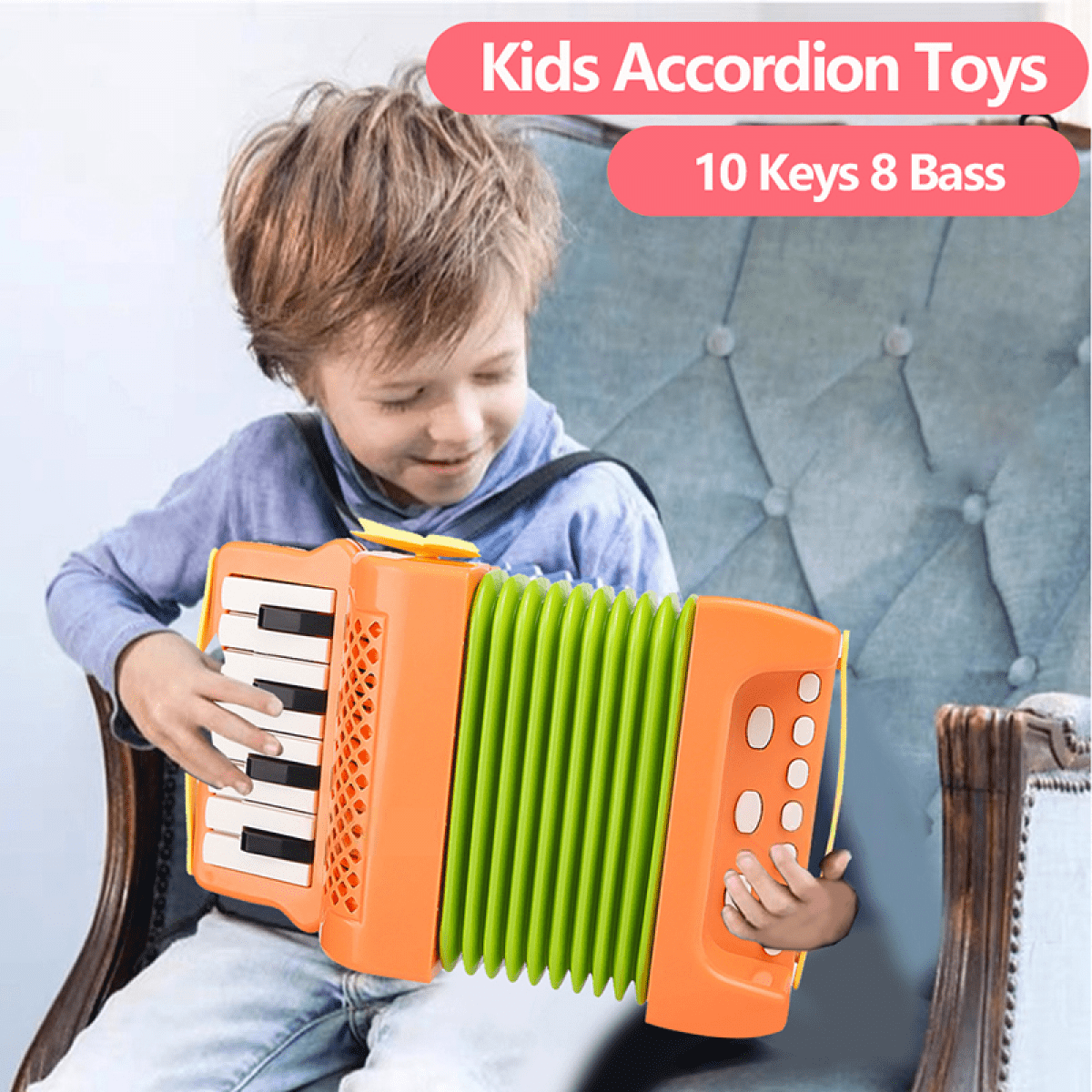Kids Accordion Toy with 10 Keys Buttons, Mini Accordion & Piano Toys Musical Instruments for Boys Girls Beginners Early Education(Orange)