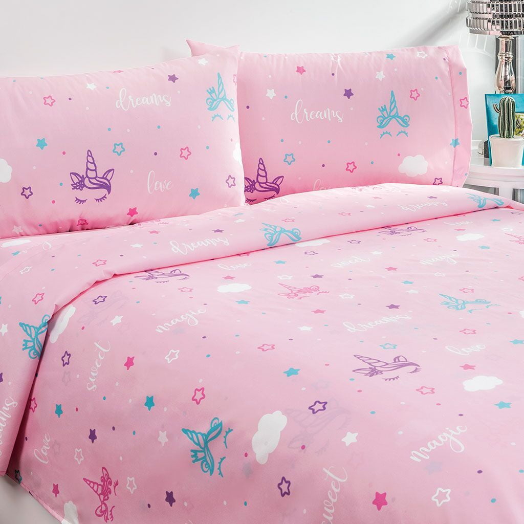 Unicorn Print Pink Girls Sheet Set