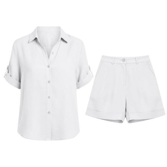 ZIXKCGDSE Women 2 Piece Linen Short Sets Button Down Shirt and Bottom Matching with Pockets Size L