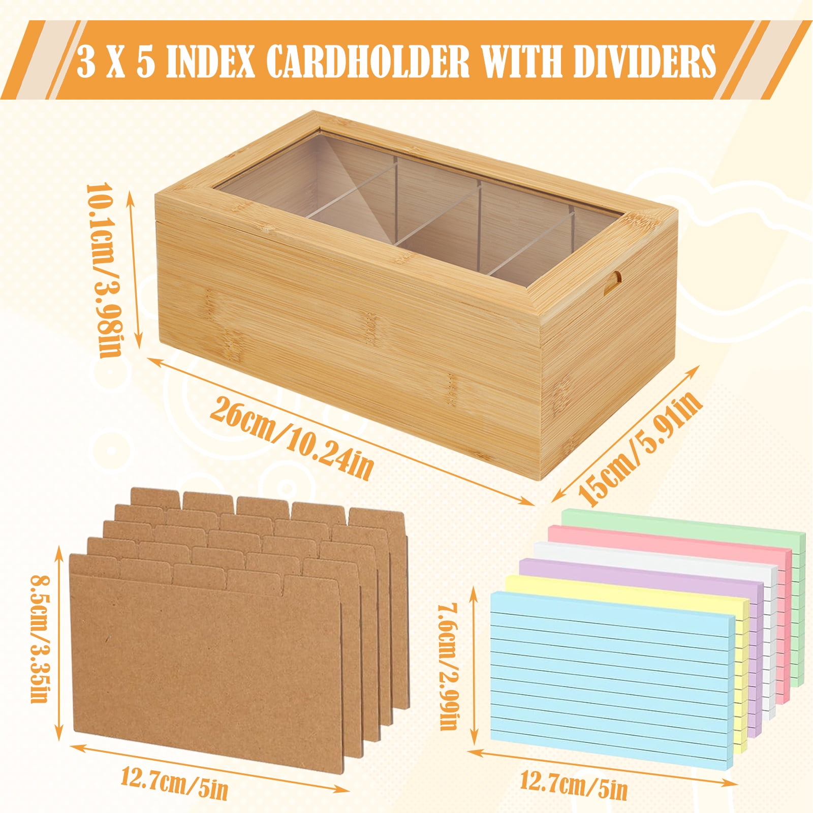 Bamboo Index Card Organizer - 3x5 Index Card Holder Box With Dividers - Wood Recipe Box With Lid - 4 Compartments For 1200 Cards - 5.9"W x 9.84"D x 3.97"H
