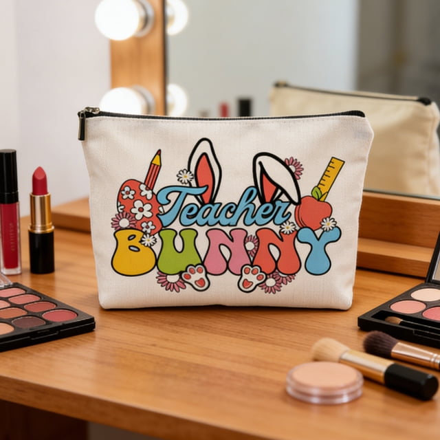 CaiYueKe Easter Bunny Storage Bag Zippered Pencil Case Cosmetic Makeup Organizer Travel Toiletry Bag Portable Burlap Pouch for Women Girls School Supplies Gifts