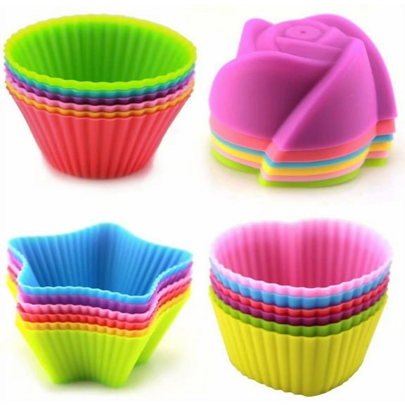 Artrylin 24 Pack Silicone Baking Cups Reusable Muffin Liners Non-Stick Cup Cake Molds Set Cupcake Silicone Liner Standard Size Silicone Cupcake Holder(Random Colors，Random 4 shapes)