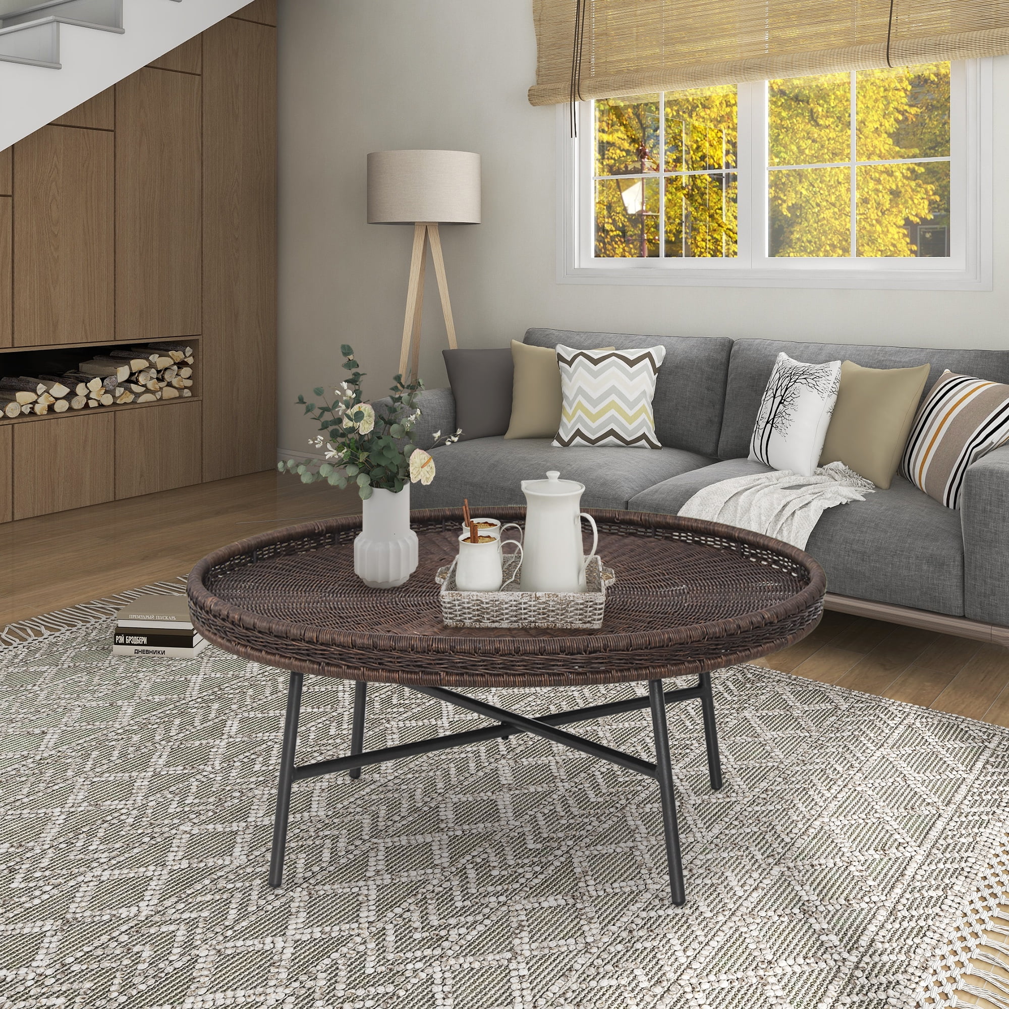 Abble 30” Round Dark Brown PE Wicker Coffee Table with Black Metal Legs,  Indoor or Outdoor use for Living Room, Patio, Garden, Backyard, Porch