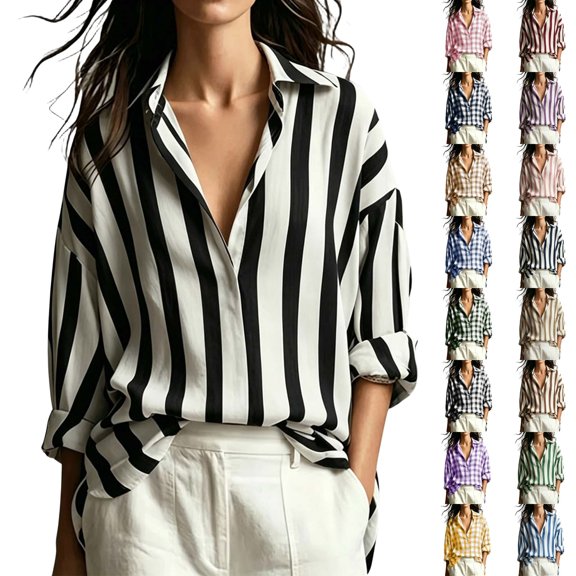 QINGFSAP Womens Striped Button Down Shirt Oversized Long Sleeve Collared Blouse Loose Casual Tunic Top