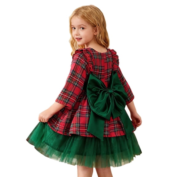 Vividxx Girls Dresses Ruffle Plaid Layered Dress with Bow Back Detail Fall Dress Toddler Kids Holiday Party 5-6 Years