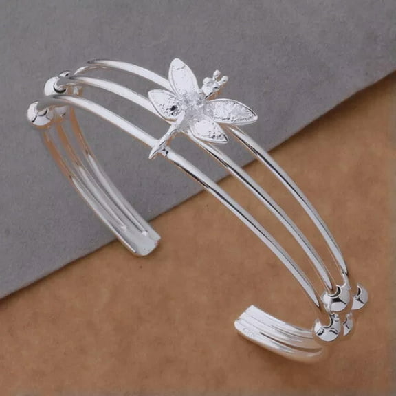 QQTDFG 925Sterling Silver Lovely Dragonfly 3 Lines Fashion Cuff Bracelet For Women S047-default