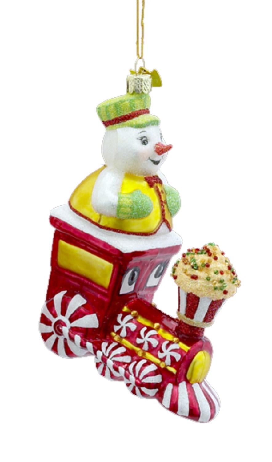 5 noble gems blown glass snowman conductor on train christmas ornament