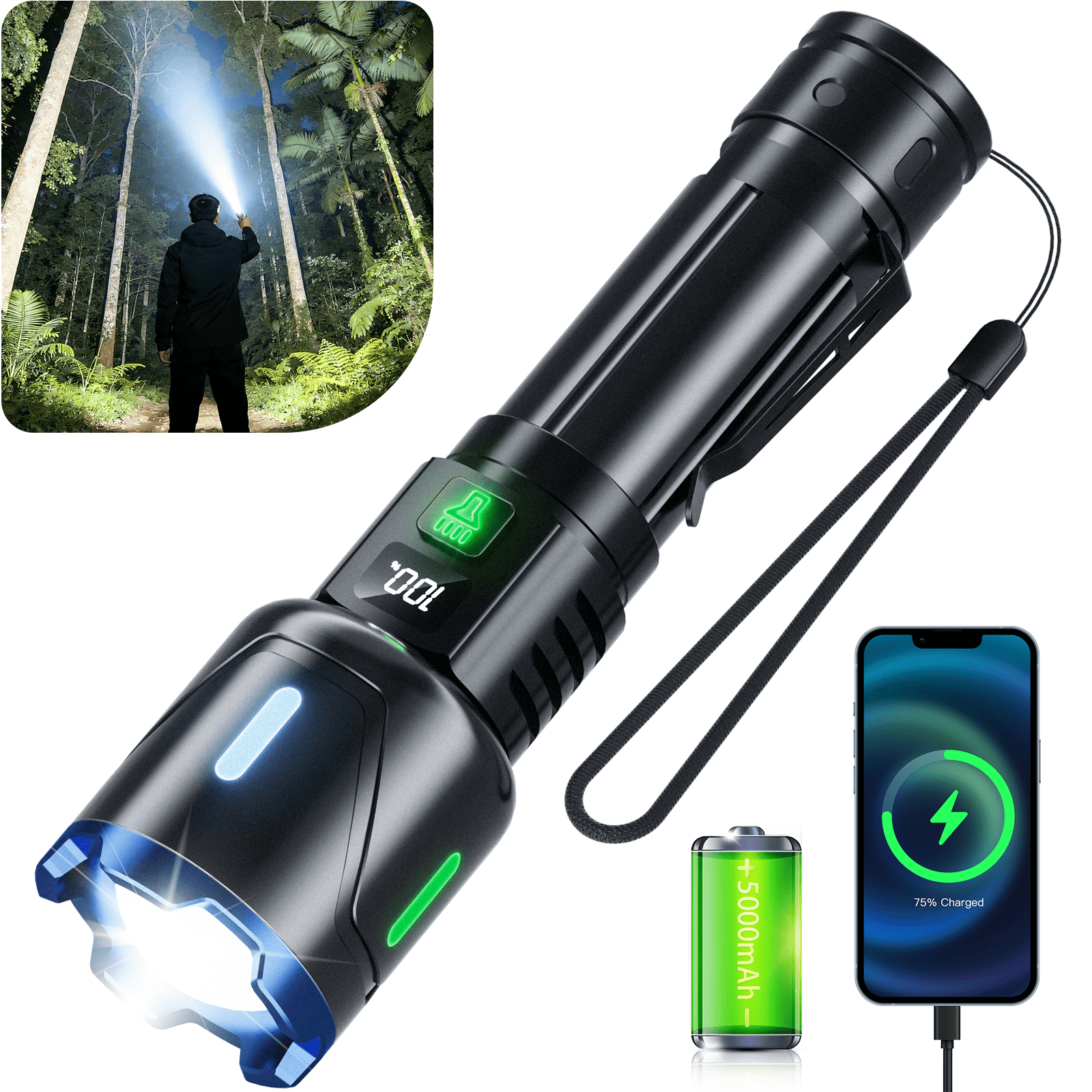 Rechargeable Flashlight,160000 Lumens,5000mAh with LCD Power Display,Zoomable, Waterproof, Compact Handheld Flashlight for Camping,Hiking,Home