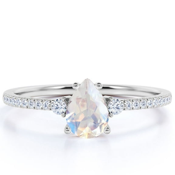 JeenMata 1.75 Carat Pear Shaped Rainbow Moonstone and Moissanite Birthstone Ring in 18k White Gold over Silver