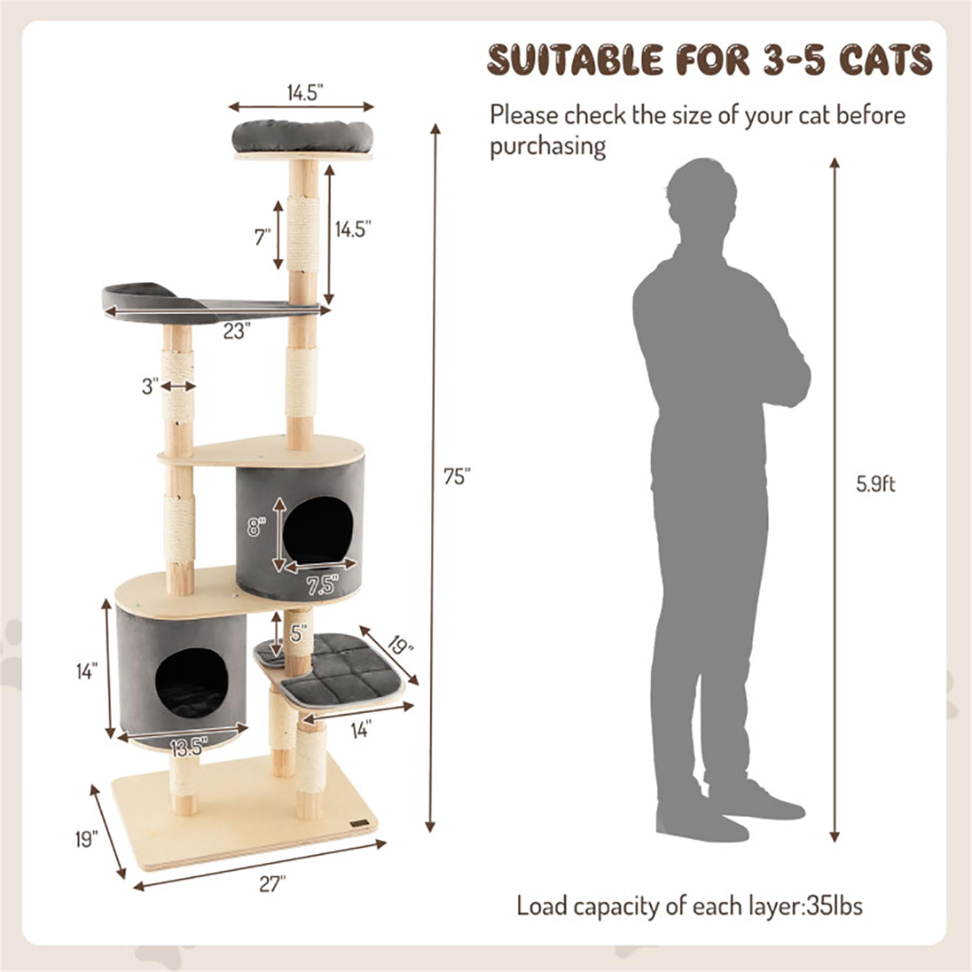 Kadyn 75" Wood Cat Tree Tower for Indoor Cats, Multi-Level Cat Condo with Scratching Posts, Perch, Washable Removable Cushions, Cat Furniture, Gray
