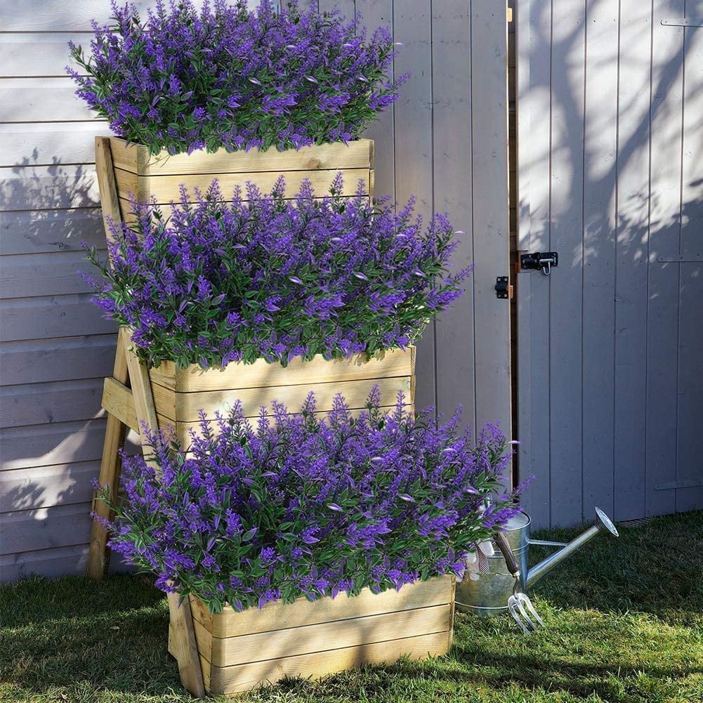 ZOELNIC Artificial Lavender Outdoor Plants 24Pcs UV Resistant Fake Flowers Purple Faux Lavender Plastic Greenery Stems Decor for Home Garden Front Porch Planters Decoration