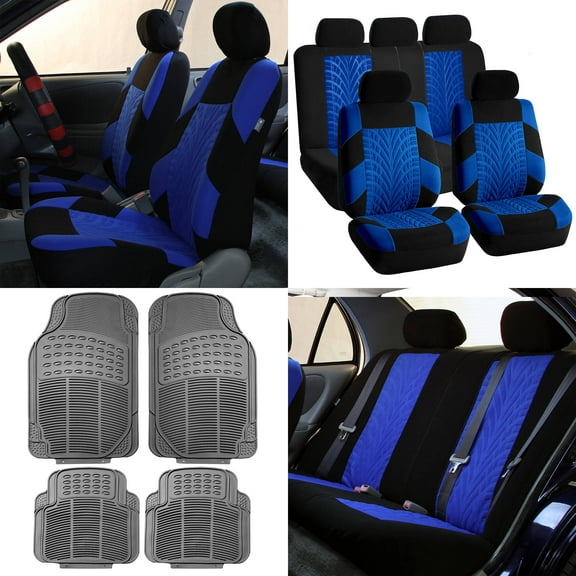 FH Group FH Travel Master Car Seat Covers for Auto Complete Seat Covers Set with 4PCS with Gray Floor Mats Blue Black