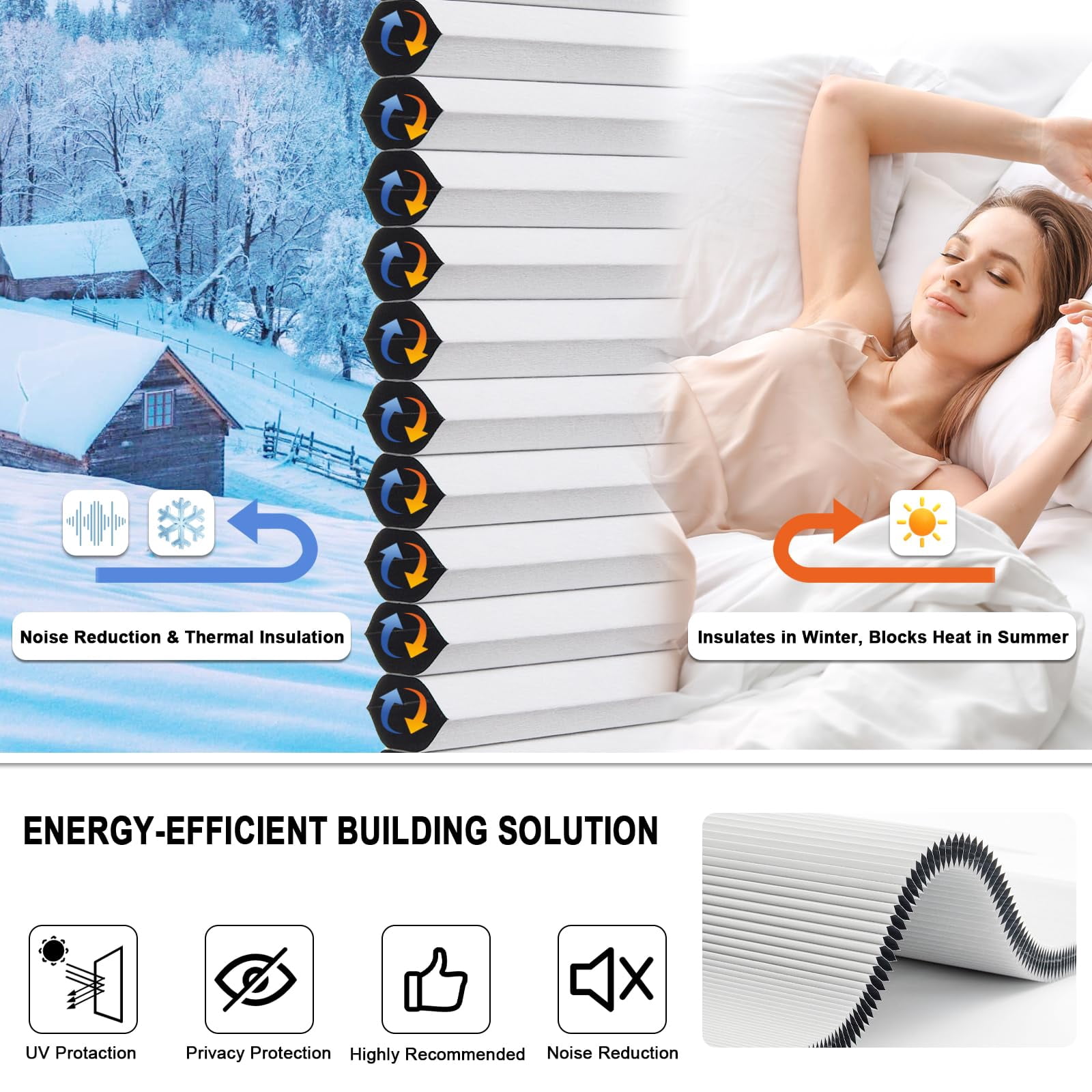 White(blackout) 34 1/2"w X 64"h Cellular Window Shades, Cordless No Drill Thermal Insulating Blinds
