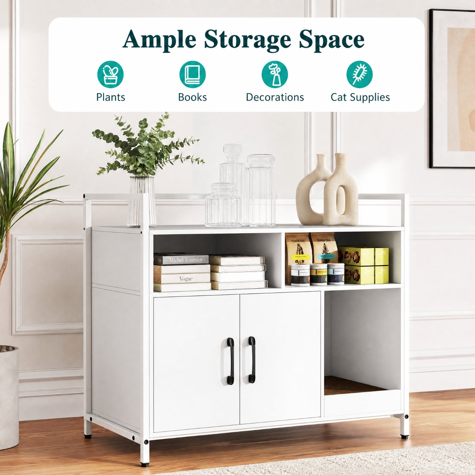 SUGIFT Hidden Cat Litter Box Enclosure, Wooden Cat Washroom Furniture with Double Doors, End Side Table Cat House, Off White