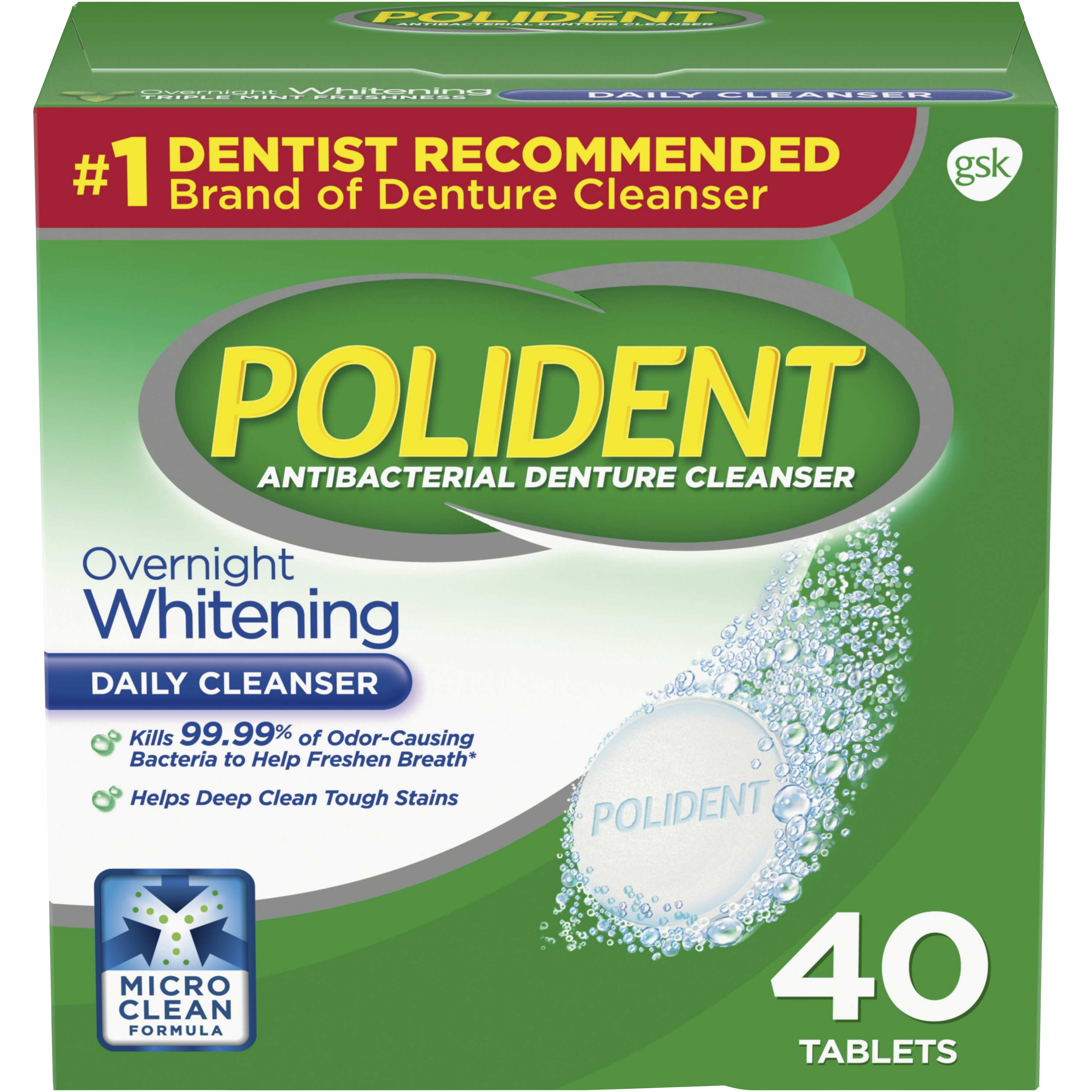 Polident Overnight Whitening Antibacterial Denture Cleanser Effervescent Tablets, 40 count