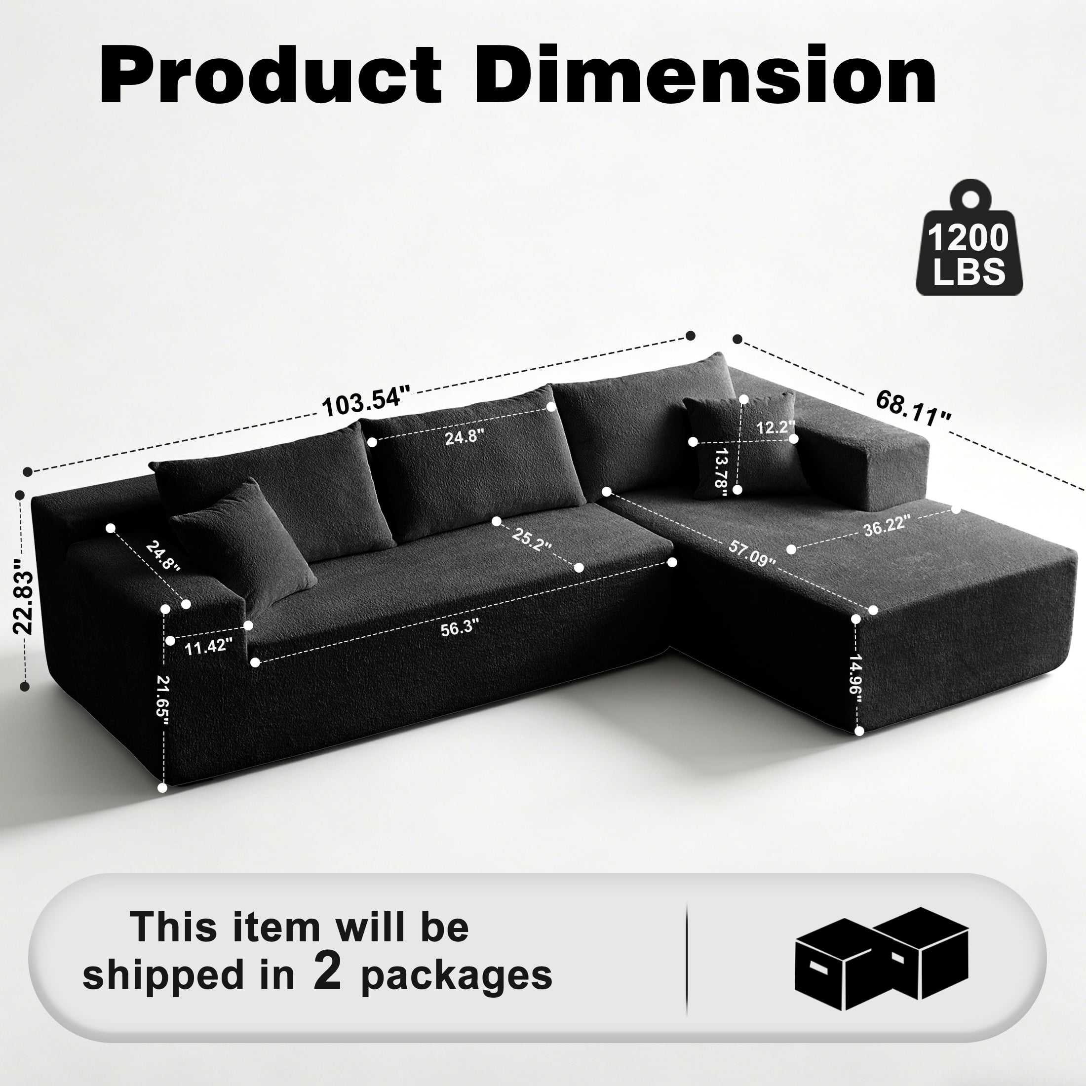 Xiweot 103" Boneless Sectional Sofa for Living Room, Memory Foam Cloud Modular Sectional Couch with Deep Seat, No Assembly Velvet L Shaped Sofa with Right Facing Chaise, Black