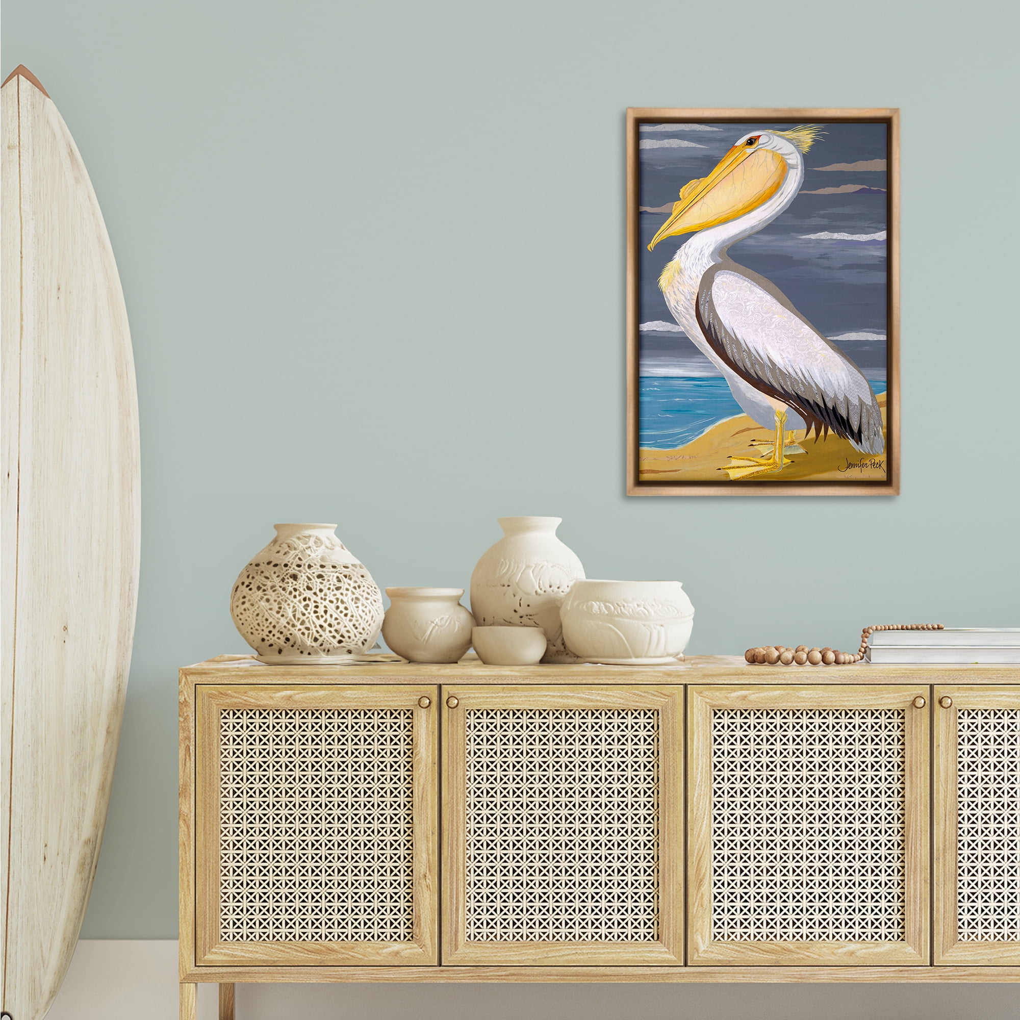 Stupell Industries White Pelican on Shore Animals & Insects Painting Brown Floater Framed Canvas Art Print Wall Art, 21 x 31