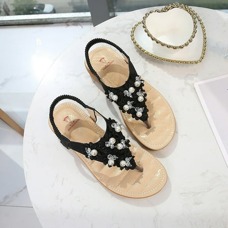 

Njoeus Bohemia Womens Flats Open Toe Casual Shoes Flower Beading Elastic Band Sandals