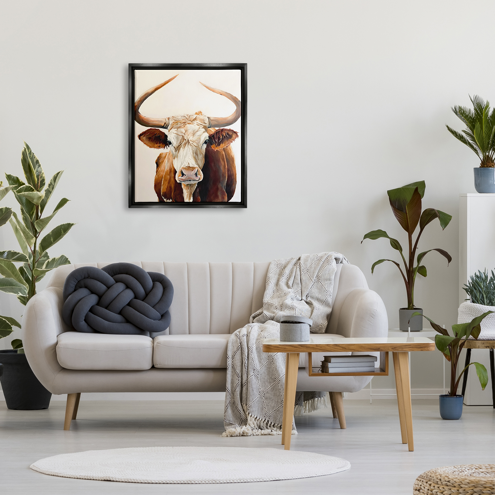 Stupell Industries Longhorn with Curved Horns Animals & Insects Painting Black Floater Framed Canvas Art Print Wall Art, 25 x 31