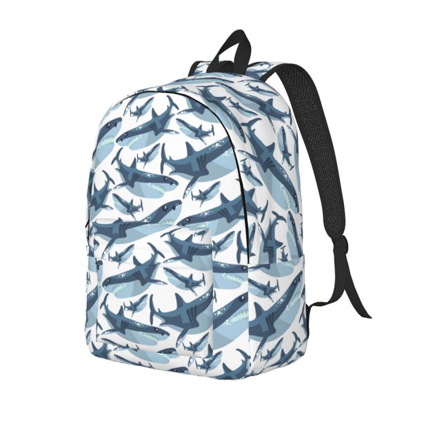 Disketp Cute Shark print Canvas Backpack Lightweight Travel Daypack Student Rucksack Laptop Backpack-Medium