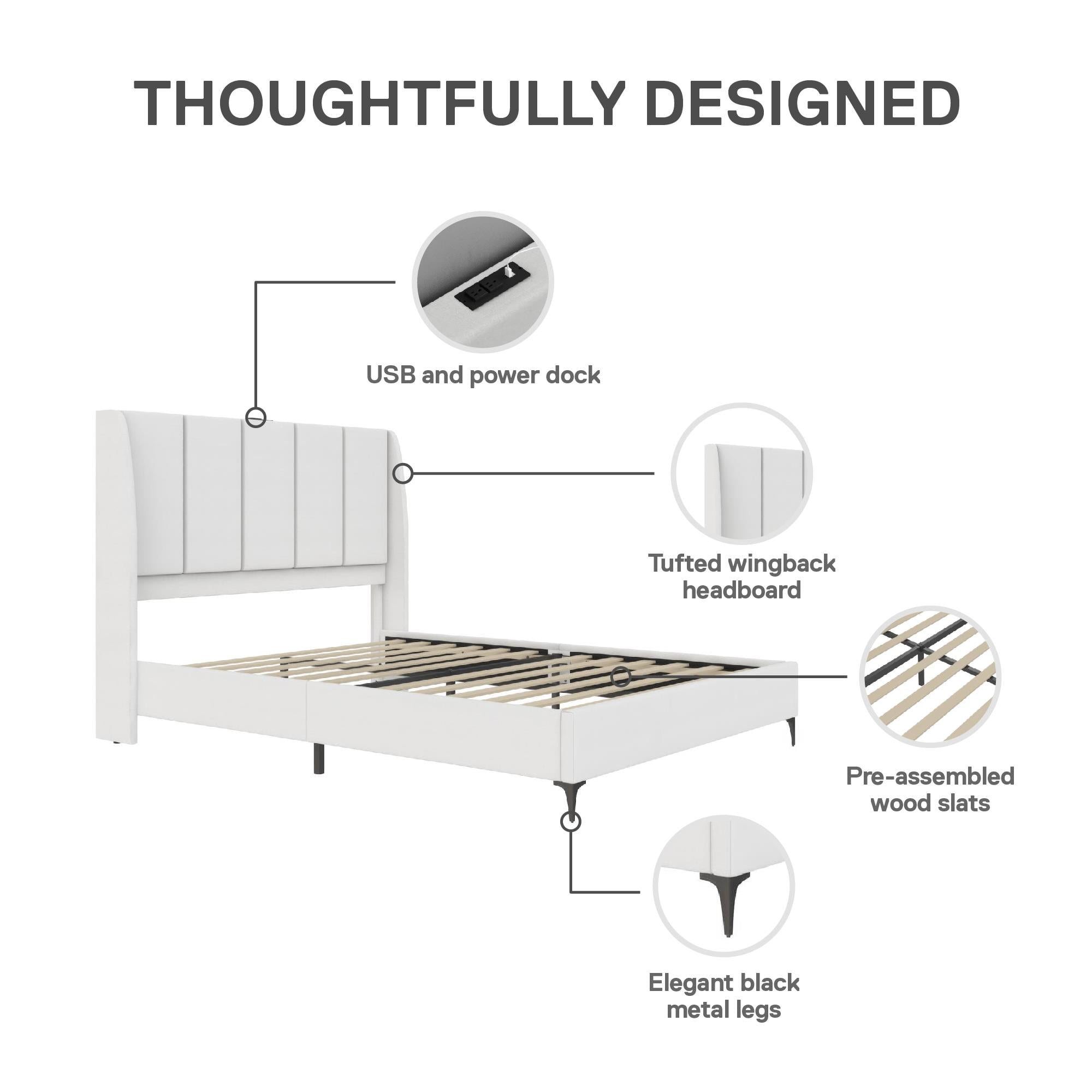 DHP Lamora Upholstered Wingback Bed Frame with USB, Queen, Light Gray Linen
