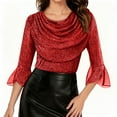 thumbnail image 3 of Mifsaly Christmas Womens Sequin Top Xmas Ruffle 3/4 Sleeve Glitter Top Loose Tunic Party Elegant Cowl Neck Blouse Work Travel Fashion Shirts Festival Holiday Outfits 2025, 3 of 6