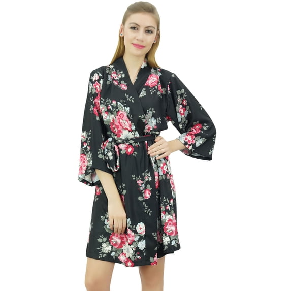 Bimba Womens Floral Printed 3/ Sleeve Black Bridesmaid Robe Coverup Wedding-4