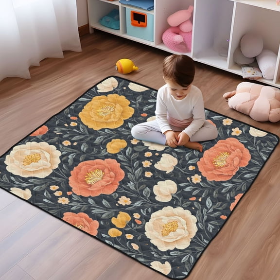 WOBOGO Nostalgic Peonies Pattern Baby Playmats Extra Large Waterproof Rollable Activity Pads for Toddlers 50×50inch